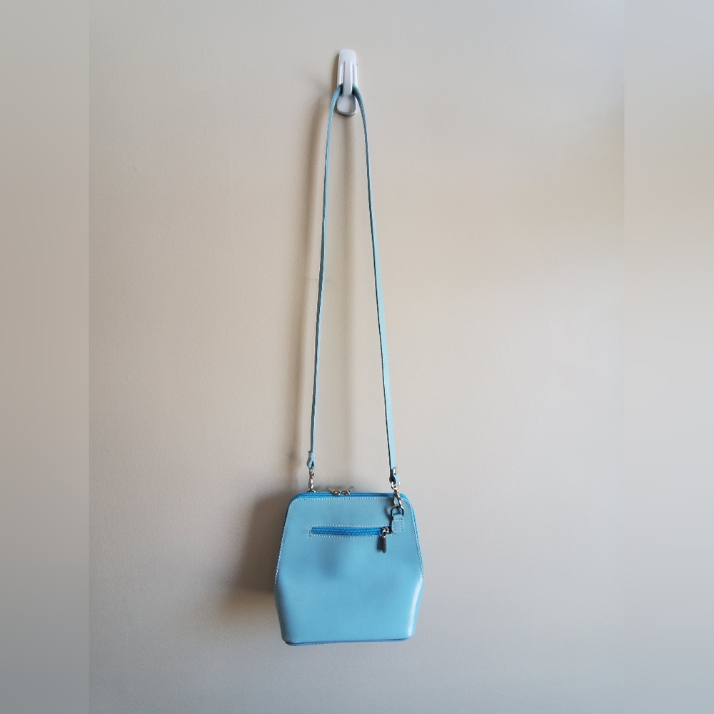Primo Sacchi Italian Leather, Small Micro Double Zip Up Crossbody bag, baby blue - Picture 4 of 7